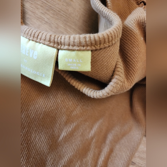 Anthropologie Maeve Puff Sleeves Bow Tie Ribbed Cotton V Neck Blouse S Tan Brown - Picture 4 of 9